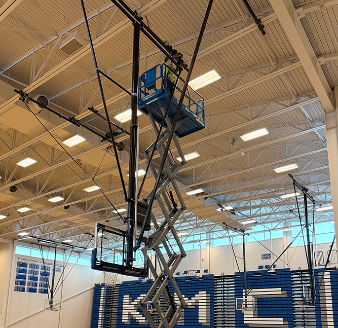 Basketball goal inside a school gym